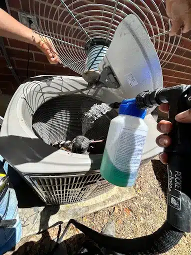 Air conditioning maintenance – coil cleaning service for outdoor condenser, San Antonio